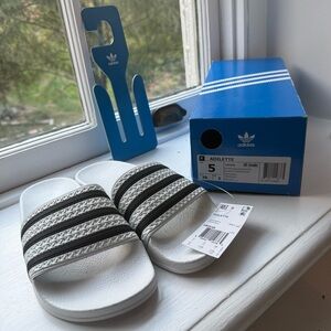 Adidas Adilette White Slides with Black Stripes